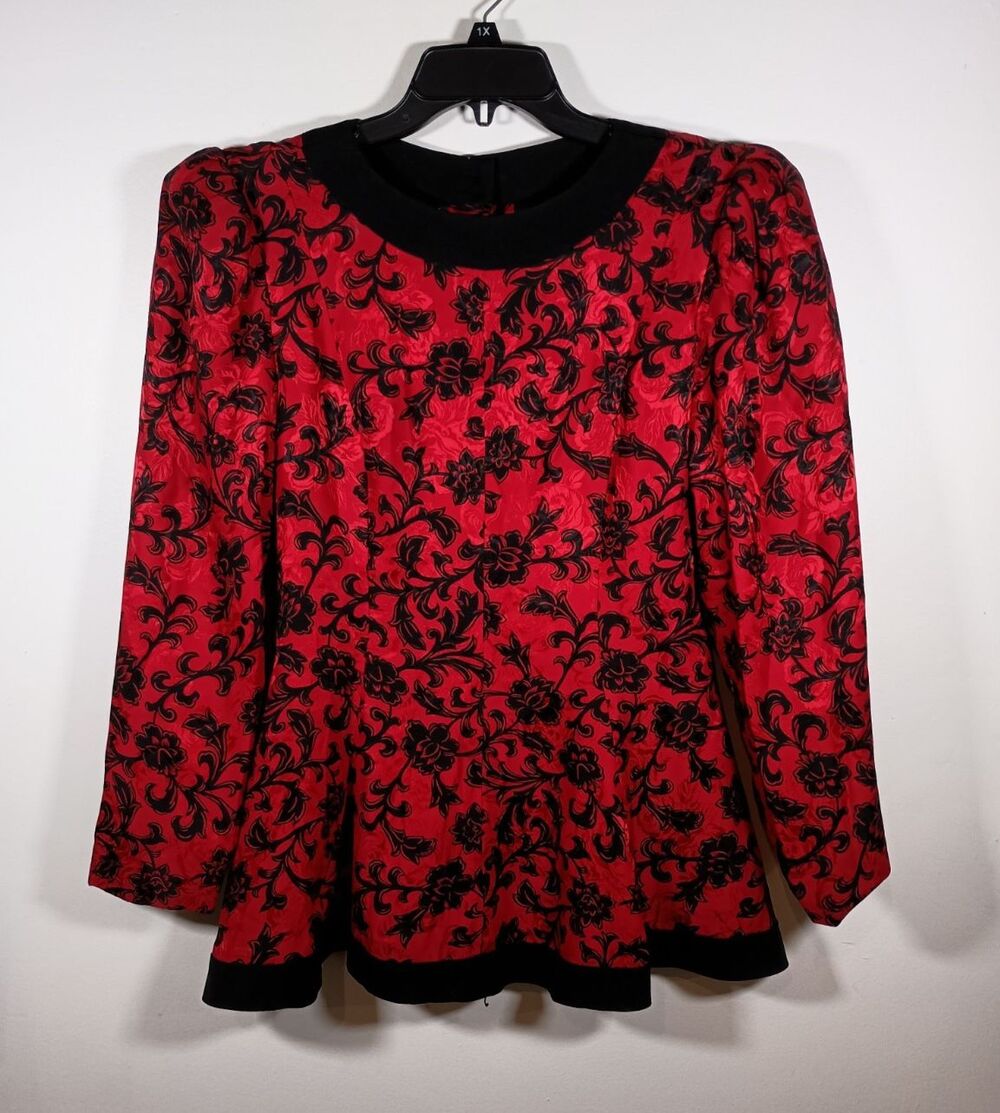 Vintage Richard Warren Silk Peplum Button Long Sleeve Floral Red Top Size 10